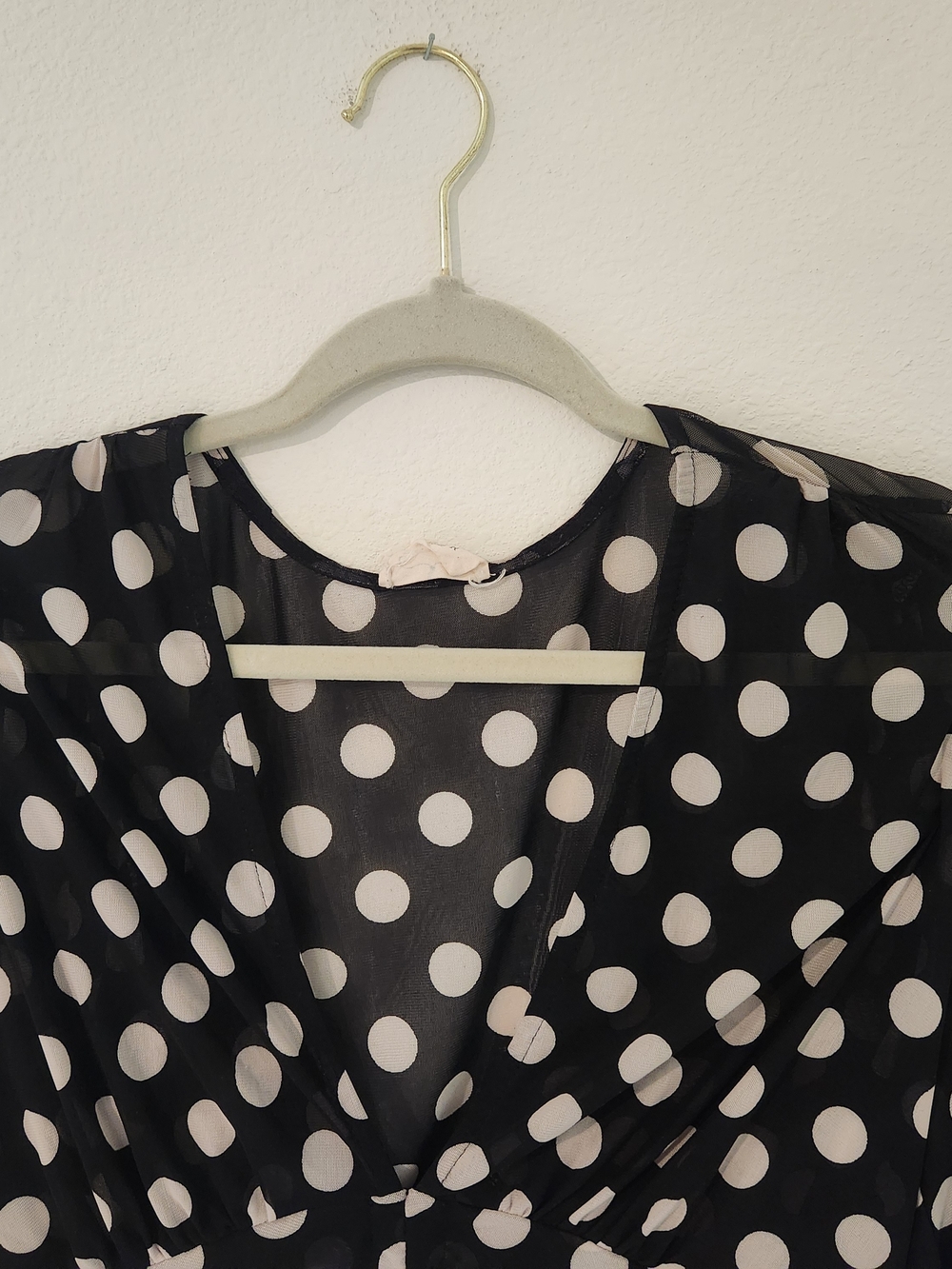 Polka Dot V-Neck Long Sleeve Blouse - Black/White - Picture 5 of 7